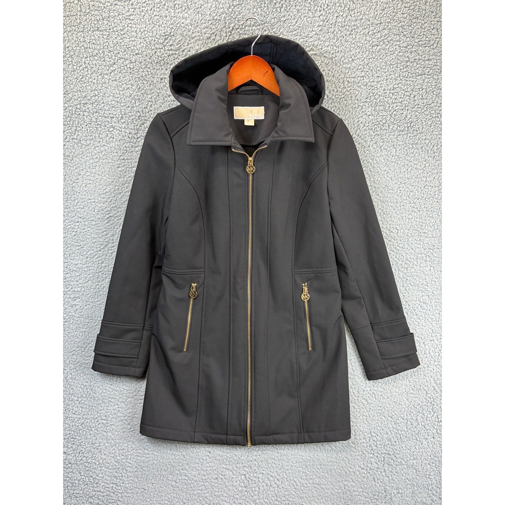 Michael Kors Softshell Trench Coat Womens S Black Fleece Lined Hooded Outdoor